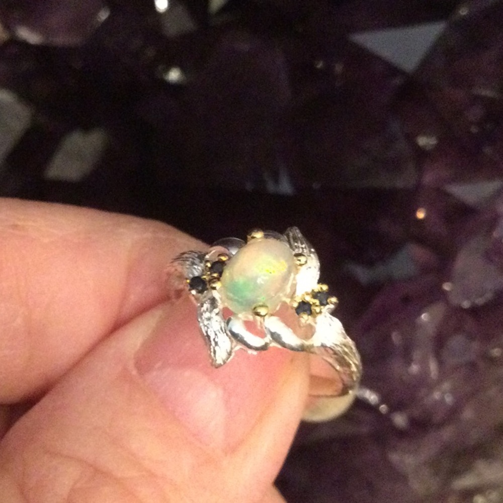 Amazing Genuine Fiery Opal Ring with Sapphires - Picture 10 of 11